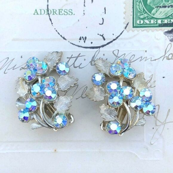 LIGHT BLUE AB CRYSTAL AND SILVER CLIP-ON EARRINGS - Picture 1 of 5